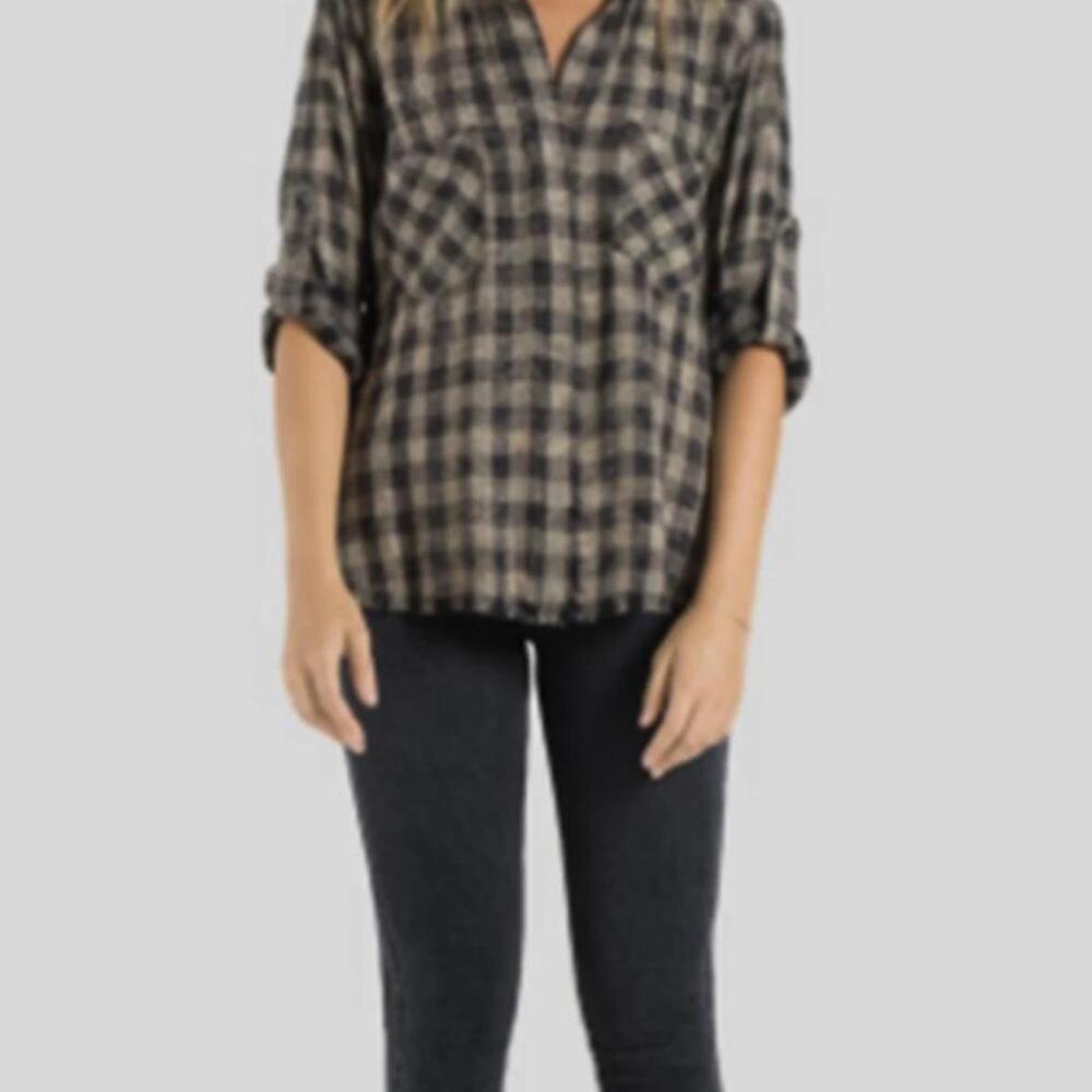 Cloth & Stone Frayed Hem Split Back Shirt in Green Juniper Check - Size - Medium